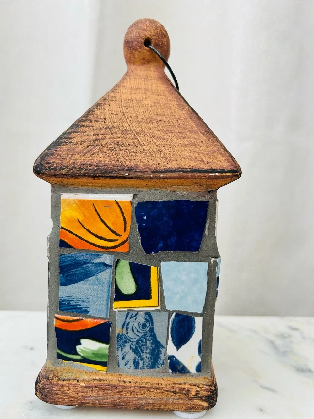 Handmade Mosaic Blue & Yellow Birdhouse Decor - Unbranded